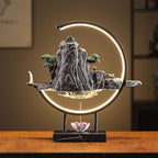 Backflow Incense Waterfall Fountain Burner with Adjustable LED Light Ring,Resin Rockery Landscape Ornament insence-Stick Holder,Compatible with Cone and Stick Incense (Grayish Green)
