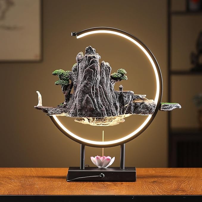 Backflow Incense Waterfall Fountain Burner with Adjustable LED Light Ring,Resin Rockery Landscape Ornament insence-Stick Holder,Compatible with Cone and Stick Incense (Grayish Green)