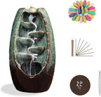 Backflow Incense Burner and Ceramic Incense Holder Waterfall, with 120 Backflow Incense Cones + 30 Incense Stick + 1 Decorative Pad + 1 Tweezer, Aromatherapy Ornament, Green