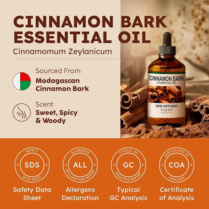 KUKKA Cinnamon Essential Oils - 4 Fl Oz - for Hair, Skin, Diffuser, Aromatherapy & DIY Soap Making Scent