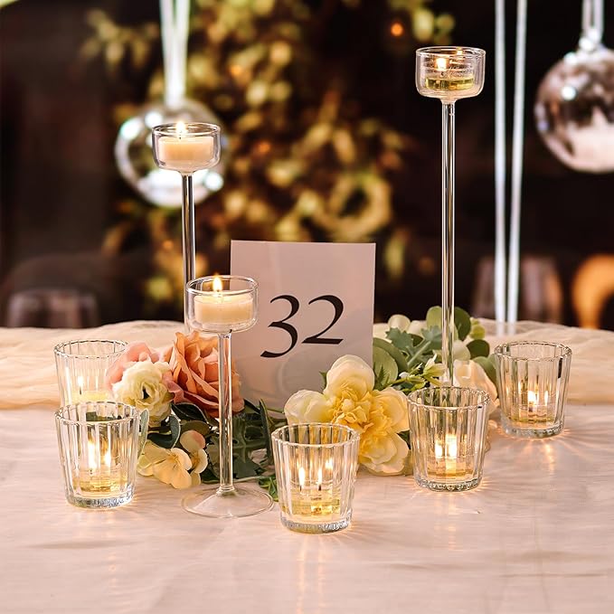 8pcs Vintage Ribbed Votive Candle Holders, Glass Candle Holder for Wedding Table Decor, Tea Lights Candle Holder for Table Centerpiece, Christmas, Holiday Decor
