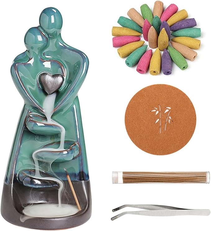 Simcat Backflow Incense Burner Holder Handicraft Hugging Lovers Incense Holder Censer Romantic Incense Waterfall Burner Decor + 20 Backflow Incense Cones 30 Incense Sticks 1 Tweezer 1 Mat