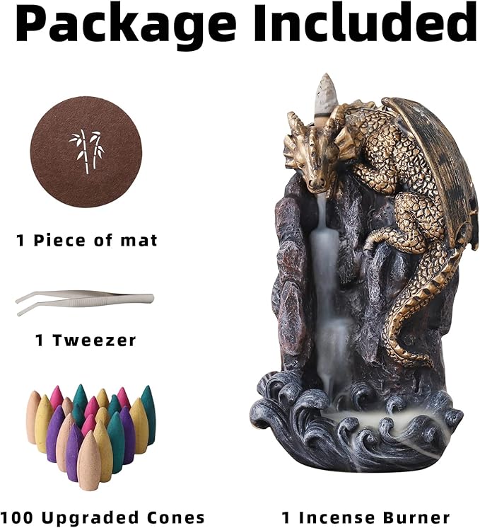 Dragon Backflow Incense Holder Waterfall Incense Burner, with 100 Backflow Incense Cones,1 Mat,1 Tweezers，Aromatherapy Ornamental for Home Office Yoga （Golden Dragon）