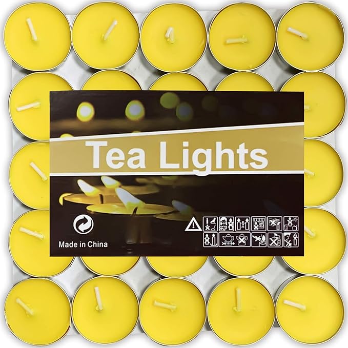 OUO Tea Lights - 50 Pack Smokeless, Dripless & Long Lasting Mini Tealight Candles for Mood, Dinners, Parties, Home Decoration, Wedding, Crafts (Yellow)