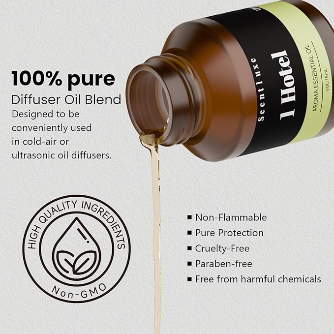 Essential Oil & Aromatherapy Diffuser Oils by The 1 Hotel Scent - Pepper, Lemon, Patchouli Notes. Premium 15mL Glass Dropper Bottle for Ultrasonic/Waterless Diffusers, Crafting 5-Star Hotel Fragrance