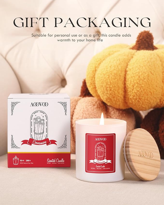 AOOVOO Cinnamon Scented Candles for Women - Aromatherapy Candle with Crystals Inside, 10oz Soy Candles for Home Scented, Birthday Gifts Candle for Women Mom