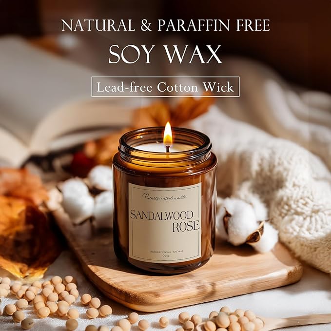 Sandalwood & Rose Scented Candles for Home, Natural Soy Wax Aromatherapy Santal Rose Candle Gifts for Men & Women, Highly Scented & Long Lasting Non Toxic Jar Candle for Stress Relief (9oz)