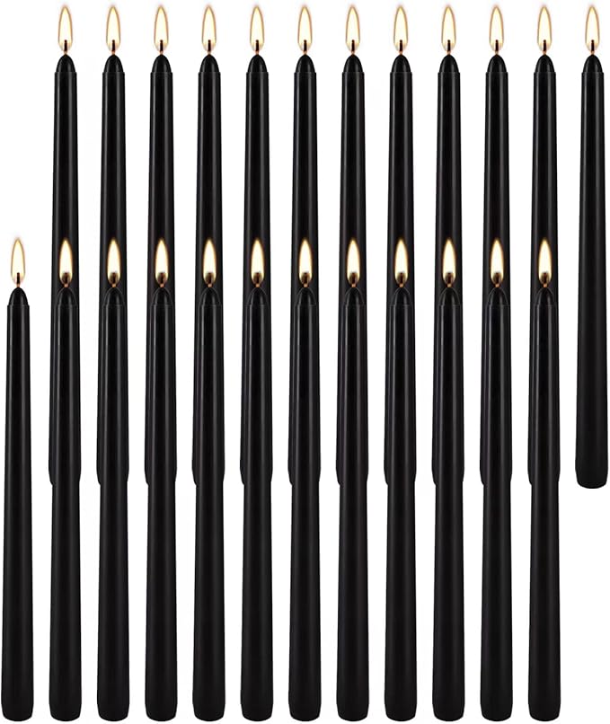 24 Pack Black Taper Candles, 7-8 Hours Burn Time, Unscented, Smokeless and Dripless, 0.75 x 10 Inch Dinner Candle Set for Halloween, Household, Wedding, Party and Home Décor Candlesticks