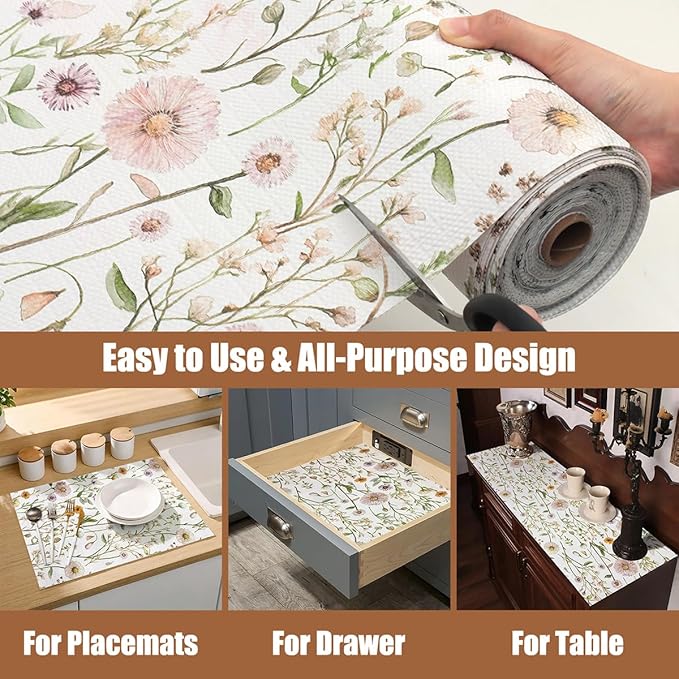 Drawer and Shelf Liner for Kitchen Cabinets Non Adhesive Drawer Liners Floral Cabinet Liner Strong Grip Non Slip Shelf Liners Waterproof Kitchen Shelves Cupboard Liner Easy to Clean 15.7IN x 10FT