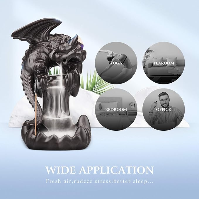 Ceramic Dragon Backflow Incense Holder Waterfall Incense Burner, Smoke Incense Holder, with 70 Backflow Incense Cones + 50 Incense Stick, 1 Mat, 1 Tweezers Home Decor (Brown-Flying Dragon)