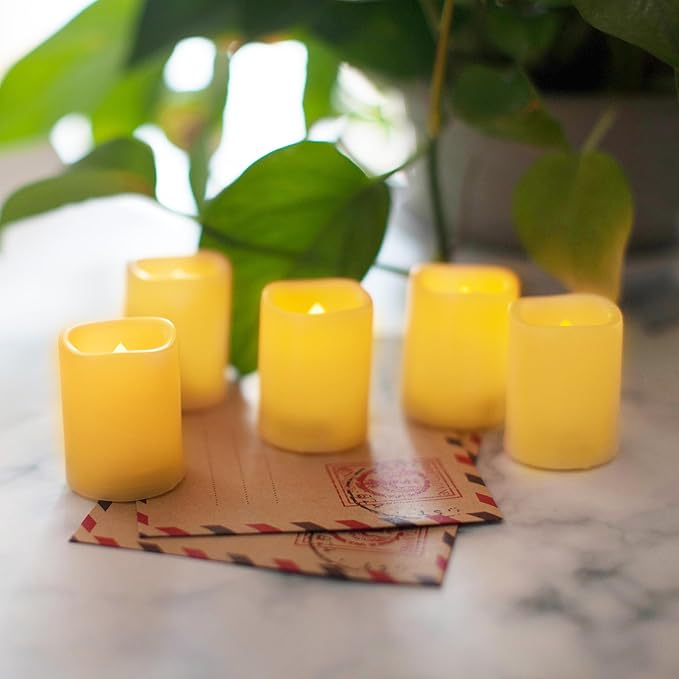 CANDLE CHOICE Battery Operated Flameless LED Votive Candles with Timer Realistic Flickering Electric Tea Lights Baptism Wedding Party Decorations Kitchen Home Decor Centerpieces 6 Pack Batteries Incl.
