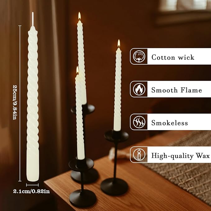 12 Pack 10 inch Ivory Spiral Taper Candles - Dripless, Smokeless, Unscented - 7 Hour Long Burning - Hand Poured Tall Candlesticks - Perfect for Dinner,Party,Wedding and Home Decoration.