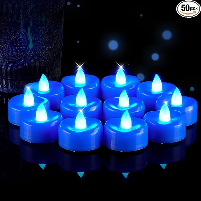 5plots Flameless Candles, 50Pcs Tea Lights Candles Battery Operated, Flameless Tealight Candles, Electric Tea Lights Votive Candles - Blue - 1.5" x 1.25"- No Flicker