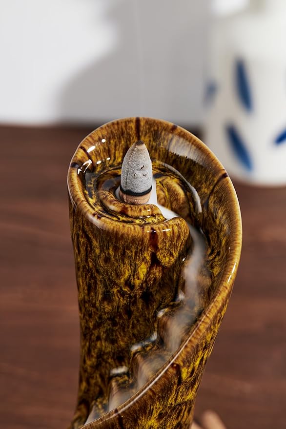 Unique Cloud Stairs Ceramic Waterfall Incense Holder, Paired with a Pack of Backflow Incense Cones. (Fambe Yellow)