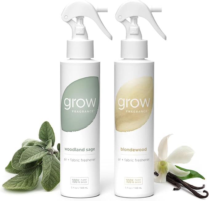 Grow Fragrance Scented Fabric and Room Air Freshener Spray - Certified Non-Toxic, 100% Plant-Based Essential Oils - 5 oz (Blondewood + Woodland Sage 2-Count)