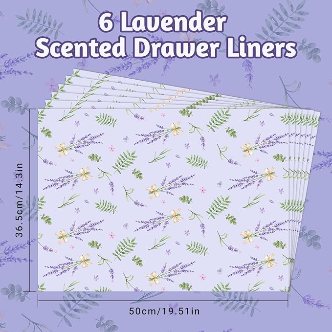 SCENTORINI Shelf Liners for Kitchen Cabinets Non-Adhesive, Lavender Scented Drawer Liners, 14.3 x 19.6 Inch 6 Sheets, for Dresser Bedroom Shelf Closet