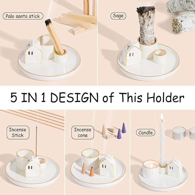 ZenBless 5 in 1 Incense Holder Burner for Palo Santo, Sage, Incense Sticks/Cones and Candle - Ceramic Incense Cone Smudge Tray,Aromatherapy Home Decoration