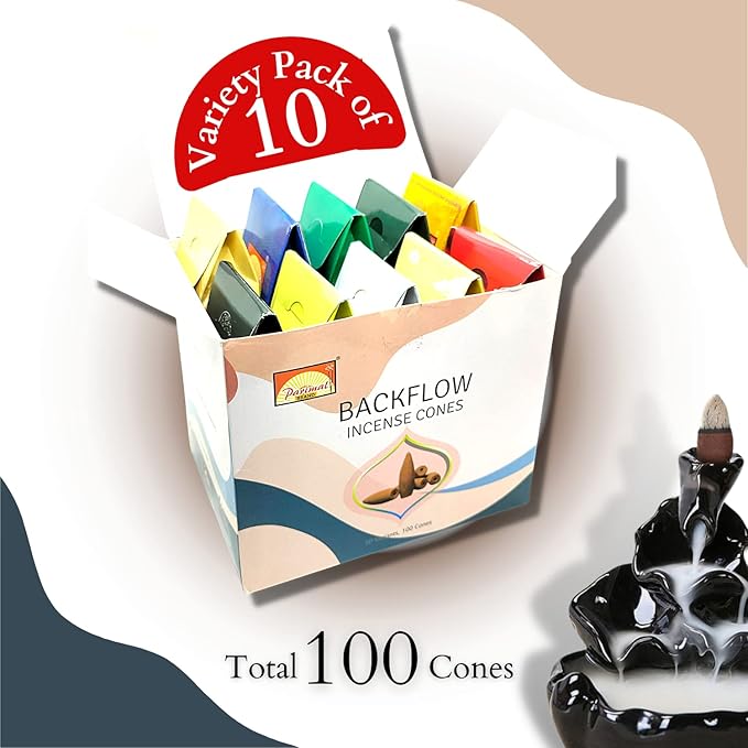 Backflow Incense Cones for Waterfall - [Improved] (10 Variants,100 Cones) Dragons Blood Incense, Lavender Incense Cone, Nag Champa Palo Santo Cones | Creates Meditative Waterfall Fountain