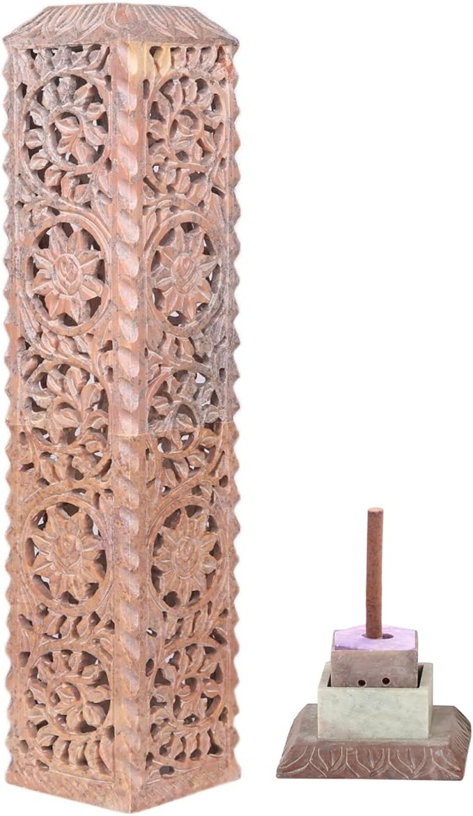 Carry Me Handmade Marble Soapstone Incense Stick Burner | Candle Stick Holder | Tea Light Stand - Floral Carving for Gifting. Decorative Incense Tower for Home and Office Decor. (3x3x11 Inches)