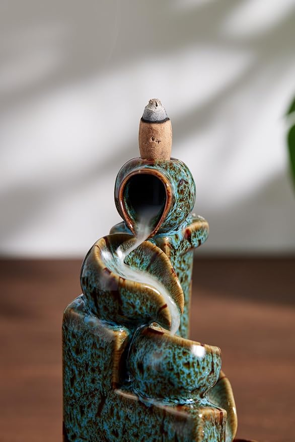 Unique Cascading Basins Ceramic Waterfall Incense Holder, Paired with a Pack of Backflow Incense Cones. (Fambe Blue)