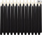 24 Pack Black Taper Candles, 7-8 Hours Burn Time, Unscented, Smokeless and Dripless, 0.75 x 10 Inch Dinner Candle Set for Halloween, Household, Wedding, Party and Home Décor Candlesticks