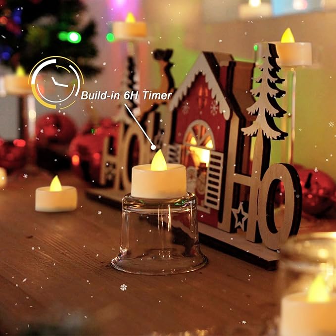 BEICHI 24 PCS Flameless TeaLights Candles with Timer, 6 Hour On and 18 Hour Off Cycle, Battery Operated LED Tea Lights Flickering Votive Candles Warm Yellow Light