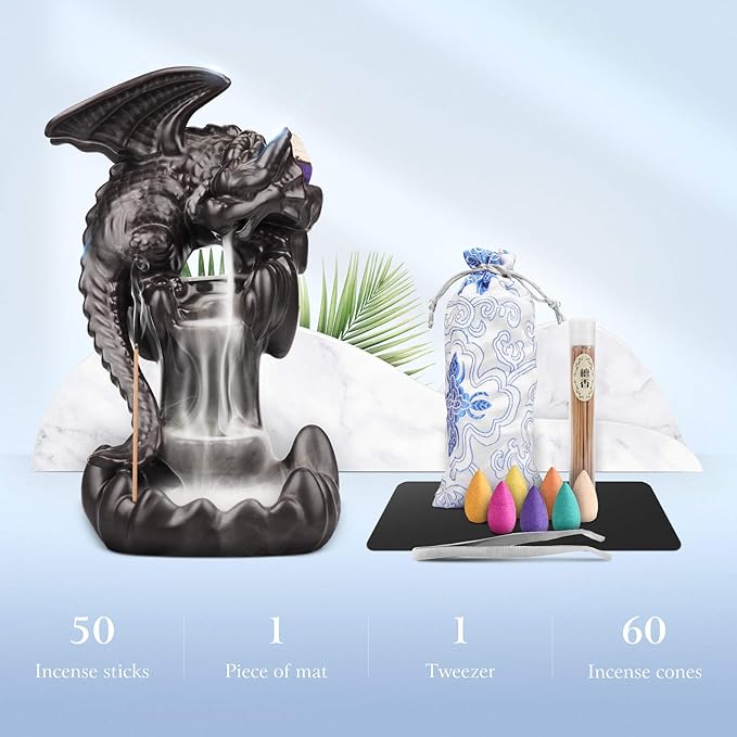 Ceramic Dragon Backflow Incense Holder Waterfall Incense Burner, Smoke Incense Holder, with 70 Backflow Incense Cones + 50 Incense Stick, 1 Mat, 1 Tweezers Home Decor (Brown-Flying Dragon)