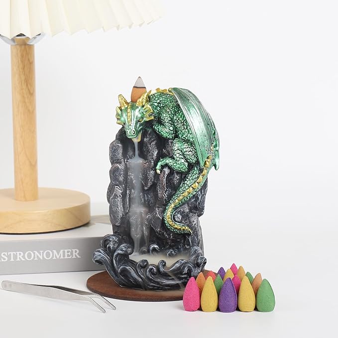 Dragon Backflow Incense Holder Waterfall Incense Burner, with 100 Backflow Incense Cones,1 Mat,1 Tweezers，Aromatherapy Ornamental for Home Office Yoga （Green Dragon）