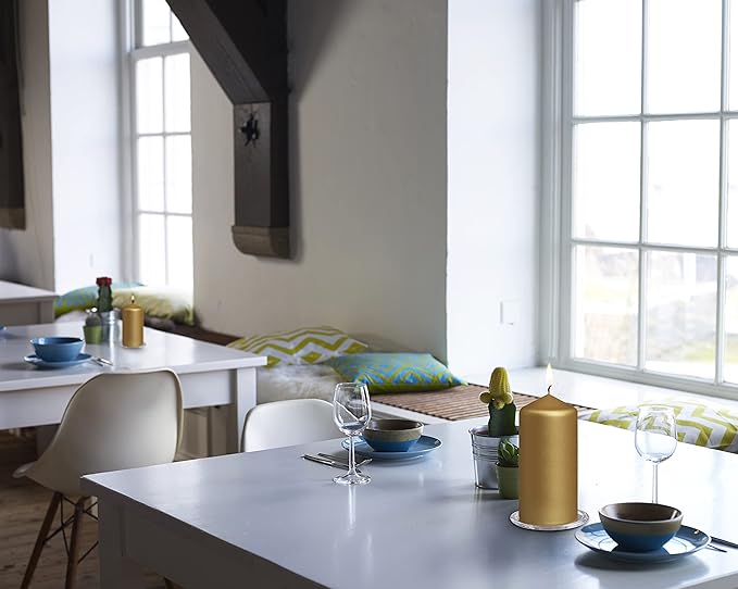 BOLSIUS 8 Gold Pillar Candles Metallic - 2.75 x 5 Inches - Premium European Quality - Individually Wrapped - 43 Hours Burn Time - Dripless & Smokeless - Unscented Dinner, Wedding & Home Decor Candles