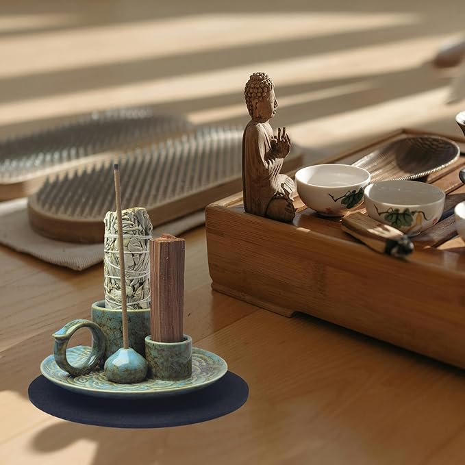 4 in 1 Incense Burner Holder for Sticks, Palo Santo Sticks Holder, Candle and Sage Holder for Burning Ceramic Ash Catcher Tray for Meditation Yoga Room Home Decor (Blue)