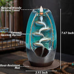 Backflow Incense Burner and Ceramic Incense Holder Waterfall, with 120 Backflow Incense Cones + 30 Incense Stick + 1 Decorative Pad + 1 Tweezer, Aromatherapy Ornament, Green