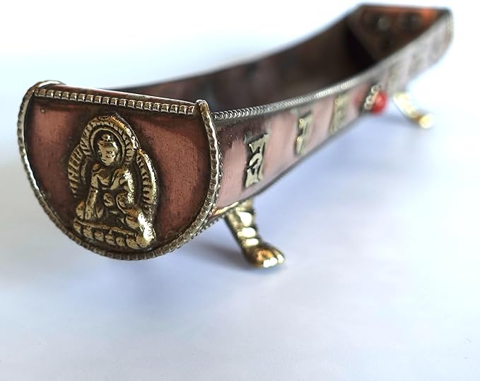 Traditional Handmade Incense Holder for Sticks and Cones | 100% Pure Copper & Brass Incense Burner | Buddhha & Buddhist Text | Stand Holds 6 Sticks & 6 Cones | Effective Ash Catcher