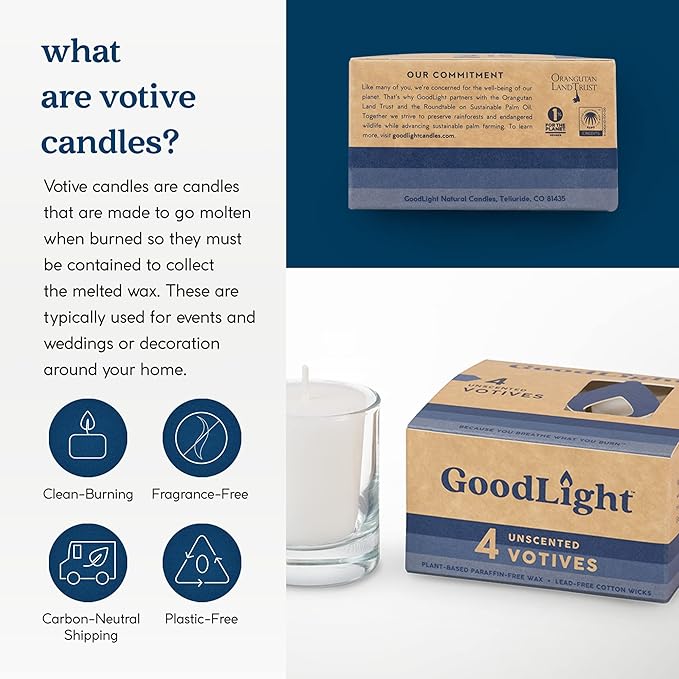 GoodLight Paraffin-Free Votive Candles, Vegan Palm Wax, Clean-Burning and All-Natural Votive White Candles | 15-Hour Burn Time (4 Unscented Votive Candles)
