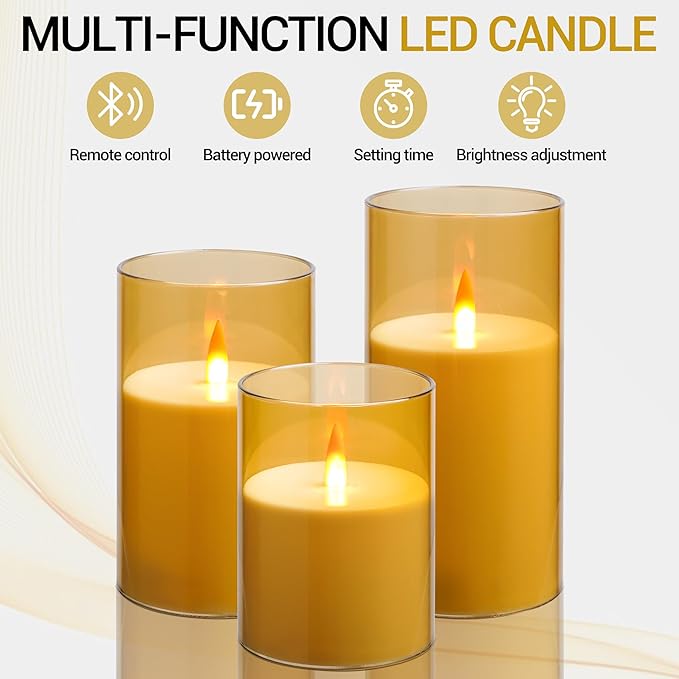 Flameless Candles, LED Candles with Remote Control and Timer, New True Analog 3D Wick Battery-Powered Acrylic Column Candle for Romantic Ambiance and Home Décor, Set of 3 (Gold)