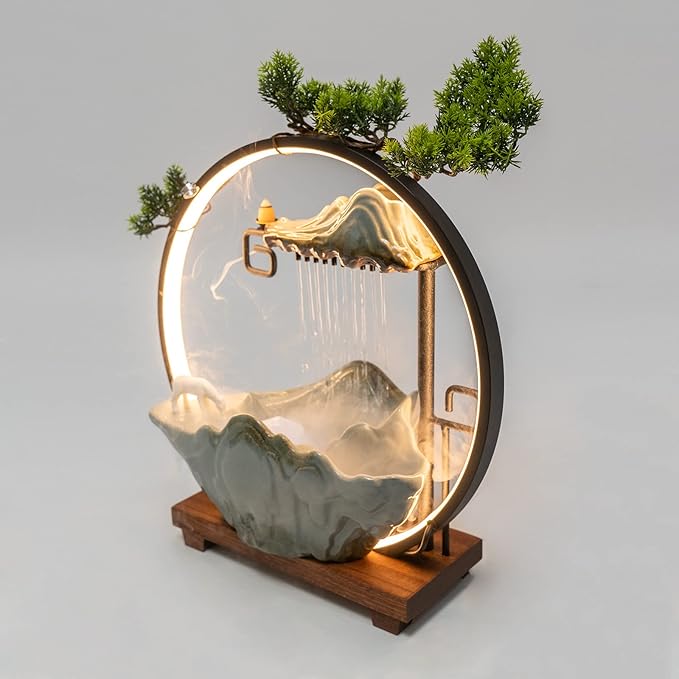 Backflow Incense Holder with Water Fountains and LED Light, Rockery, Horse and Plants Perfect for Relaxing or Home Decor (Horse witn Rockery)