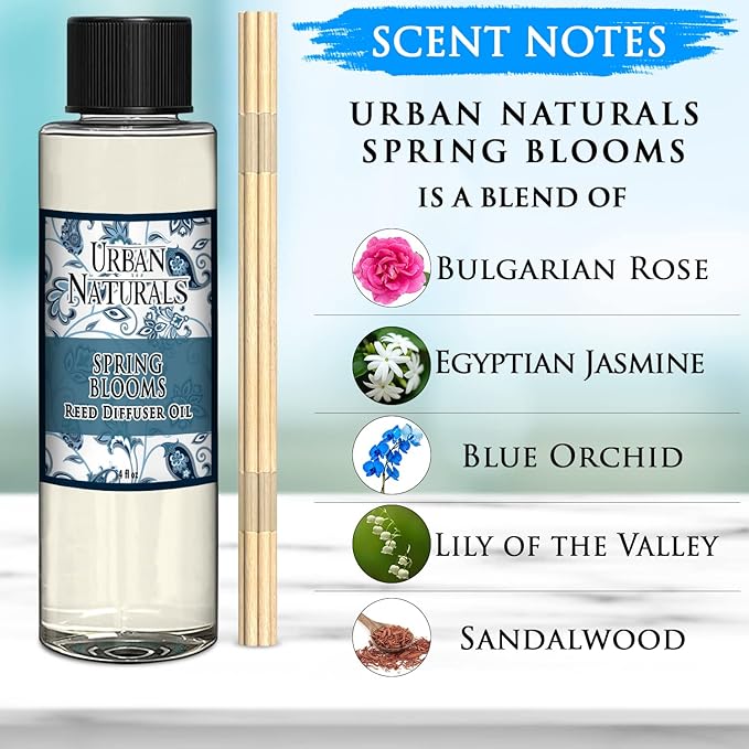Urban Naturals Spring Blooms Scented Oil Reed Diffuser Refill | Free Set of Reed Sticks! Bulgarian Rose, Egyptian Jasmine, Blue Orchid, Lily of The Valley, Amber