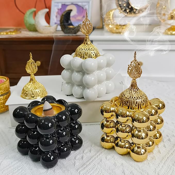 Ceramic Cube Golden Incense Burner Handheld Eid Incense Burner Middle East Arabian Festival Incense Holder Home Decoration Ornament Aromatherapy Furnace (Gold)