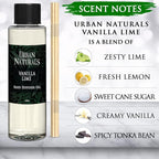 Urban Naturals Reed Diffuser Oil Refill, Vanilla Lime Citrus Essential Oils with Cane Sugar, Lime, Vanilla, 4 oz + Free Reed Sticks, Made in The USA