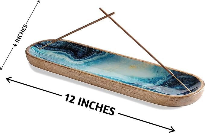 Folkulture Incense Holder for Sticks or Incense Burner | Insence-Stick Holder for Men or Her, Modern Ash Catcher or Insense for Table Décor, Wooden Incense Tray for Sticks, Mango Wood -12 Inches, Blue