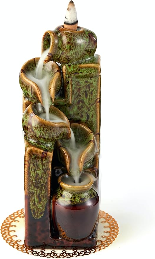 Unique Cascading Basins Ceramic Waterfall Incense Holder, Paired with a Pack of Backflow Incense Cones. (Fambe Green)