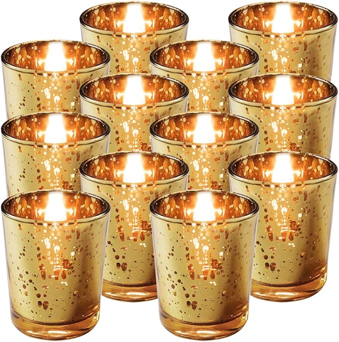 Royal Imports Gold Mercury Glass Votive Candle Holder, Table Centerpiece Tealight Decoration for Elegant Dinner, Party, Wedding, Holiday, Set of 12 (Unfilled)