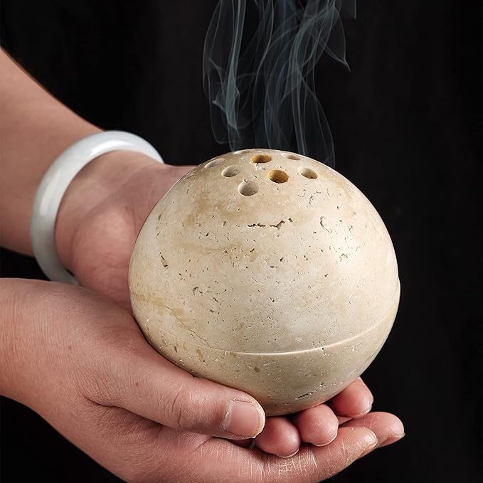 Natural Travertine Incense Cone Holder, Handmade Stone Sphere Incense Burner for Medication Yoga Home Décor 4.1 inches