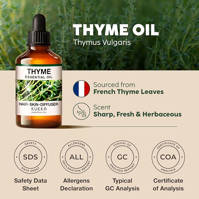 KUKKA Thyme Essential Oils - 4 Fl Oz - for Hair, Skin, Diffuser, Aromatherapy & DIY Soap Making Scent