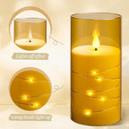 Flashing Flameless Candles with String Light, Battery Powered Candle, Recessed String LED Candles, Indestructible Plexiglass Candle with Remote Control, Set of 3, Amber