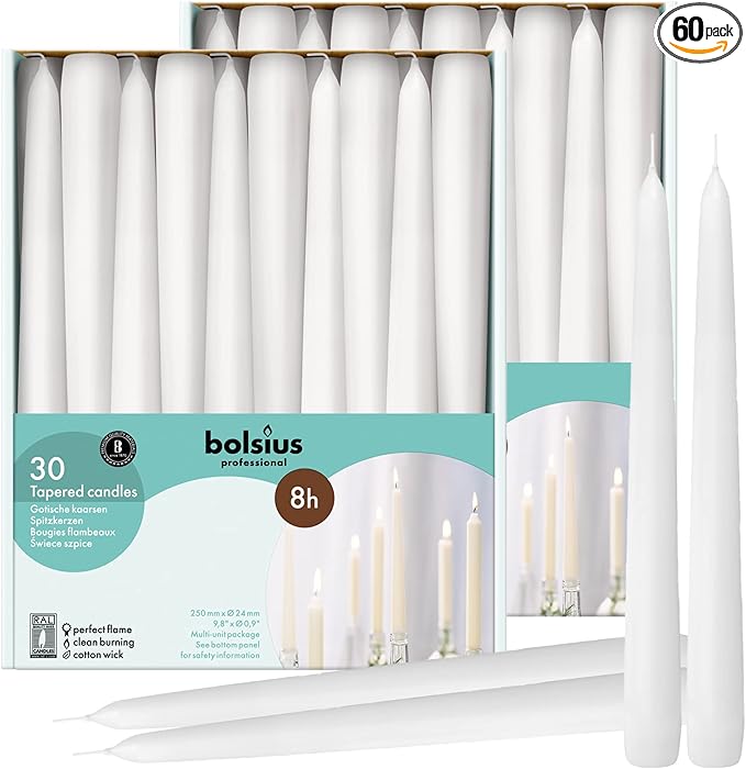 BOLSIUS 60 Count Household White Taper Candles - 10 Inches - Premium European Quality - 8 Hours Burn Time - Unscented Dripless and Smokeless Home Decor, Restaurant, Wedding, and Party Candlesticks