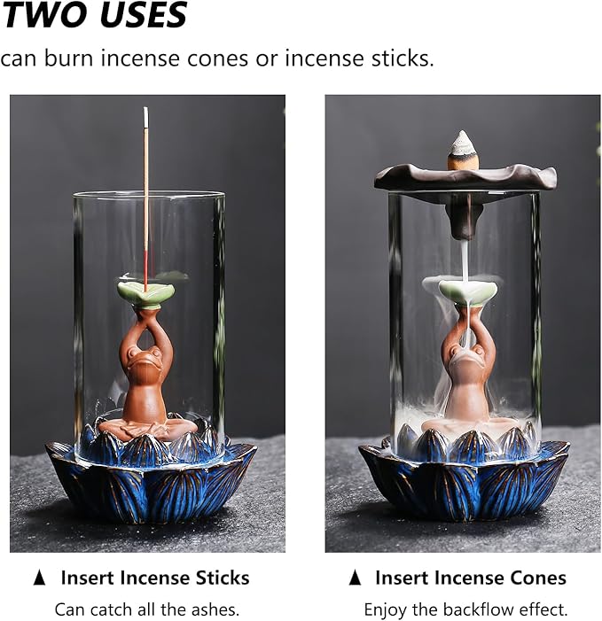 ChangWanna Frog Incense Burner Holder - Ceramic Lotus Incense Holder Ash Catcher, Glass Incense Holder for Sticks, Insence-stick Holder Ornament for Aromatherapy/Yoga/Meditation/Home Room Office Decor