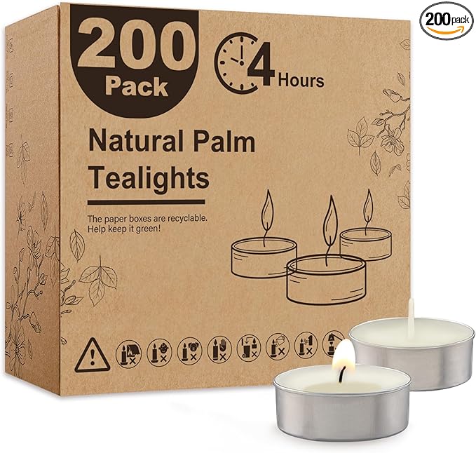 Unscented Palm Tea Lights Candles 200 Pack Bulk, 4.5 Hours Long Burning White Tea Lights,Non-Paraffin, Smokeless, Mini Tealight Candles for Wedding, Christmas Lights, Party, Power Outages