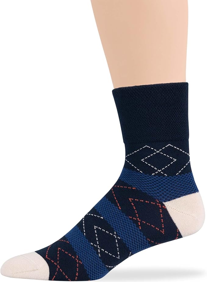 7BIGSTARS KINGDOM Men Diabetic Non-Binding Cotton Quarter Socks - 5 Pack Big Tall - Geometric, Stirpe, Dot Pattern - Sock Size 13-15 Shoe Size 12-15 XL Navy Blue, Denim Blue, Orange