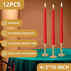 12 Pack Red Taper Candles - Taper Candles 10 Inch Dripless, Smokeless & Unscented - 8 Hours Long Burning - Hand Poured Tall Candlesticks - Ideal for Weddings, Dinner Parties, and Home Decor