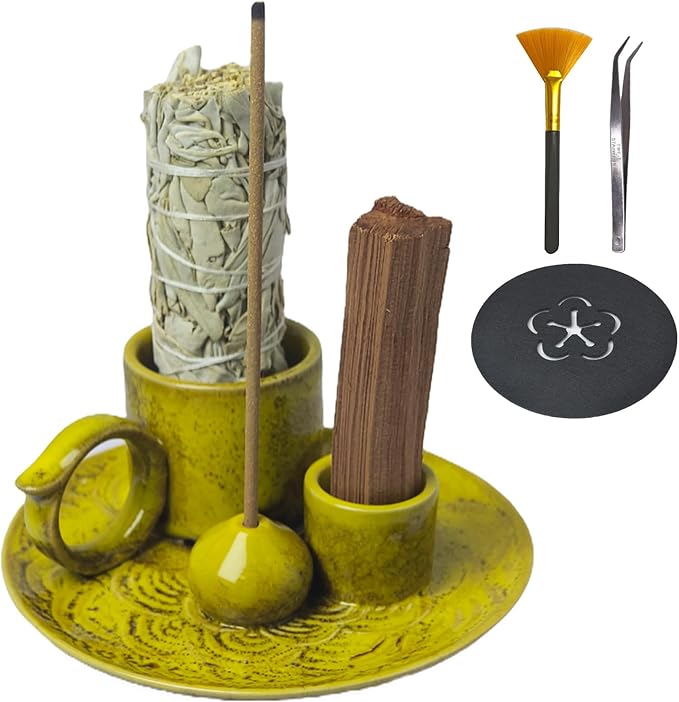 4 in 1 Incense Burner Holder for Sticks, Palo Santo Sticks Holder, Candle and Sage Holder for Burning Ceramic Ash Catcher Tray for Meditation Yoga Room Home Decor (Yellow)
